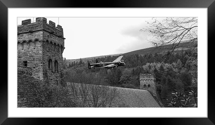 Lancaster PA474 at the Derwent Dam black and white Framed Mounted Print by Gary Eason