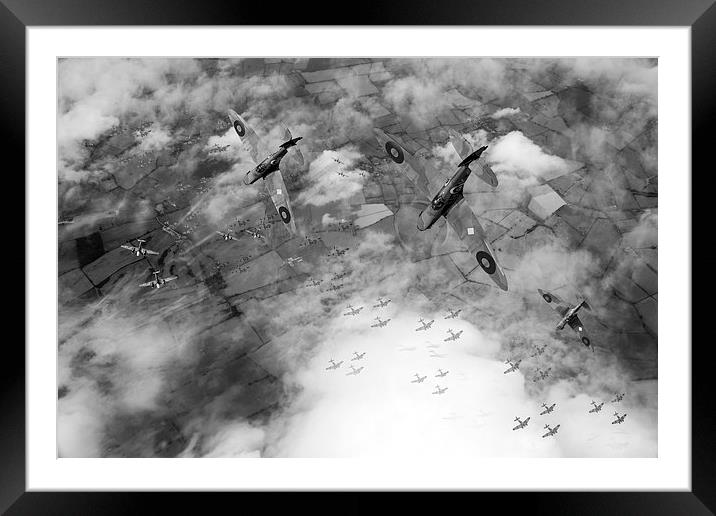 Battle of Britain Spitfires swoop on Heinkel bombe Framed Mounted Print by Gary Eason