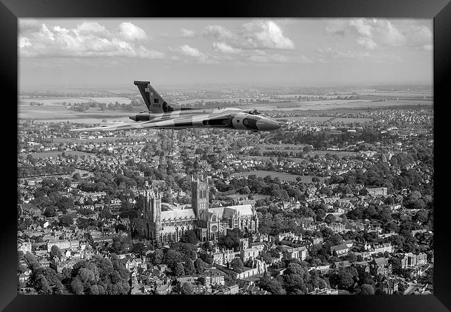 Avro Vulcan passing Lincoln Cathedral black and wh Framed Print by Gary Eason