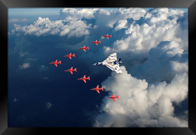 Red Arrows and Vulcan above clouds Framed Print by Gary Eason