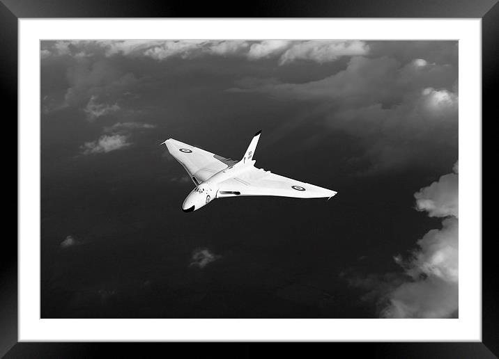 White Vulcan B1 at altitude black and white versio Framed Mounted Print by Gary Eason