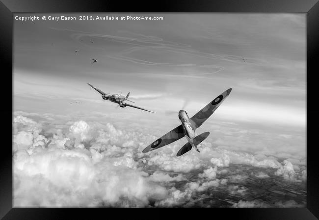 Spitfire attacking Heinkel bomber black and white  Framed Print by Gary Eason