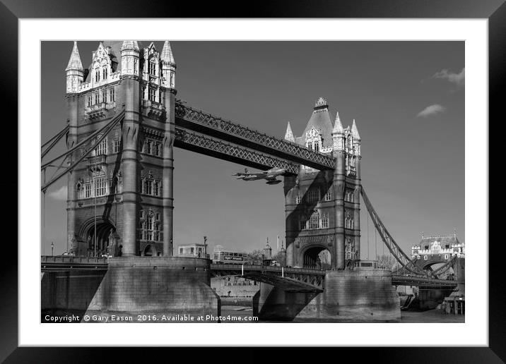 The Tower Bridge Hawker Hunter incident B&W versio Framed Mounted Print by Gary Eason
