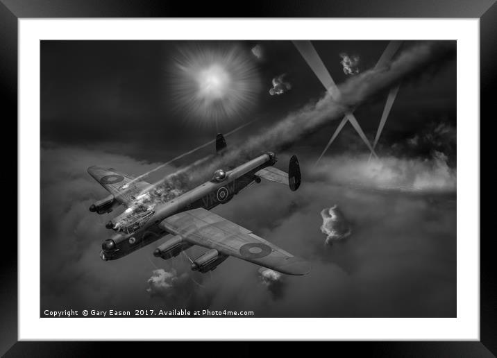 Lancaster KB799 under fire B&W version Framed Mounted Print by Gary Eason