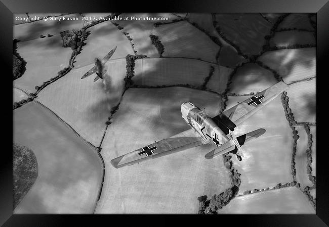 Adolf Galland attacking Spitfire B&W version Framed Print by Gary Eason