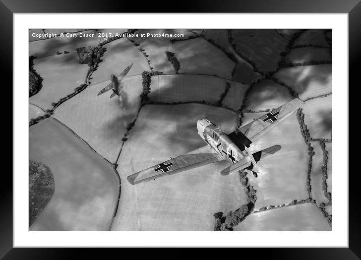 Adolf Galland attacking Spitfire B&W version Framed Mounted Print by Gary Eason