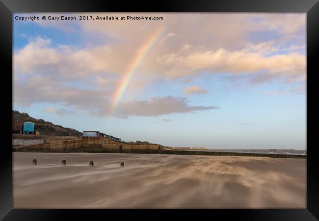 Rainbow over windblown sand on Frinton Beach Framed Print by Gary Eason