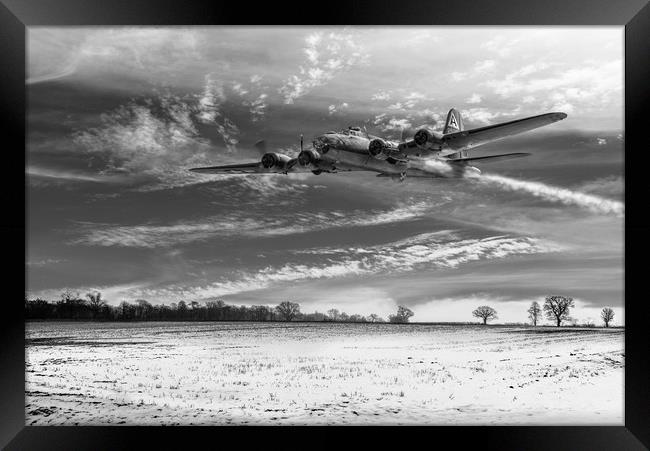 B-17 on a wing and a prayer B&W version Framed Print by Gary Eason