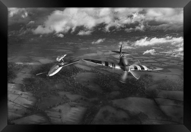 Spitfire tipping V1 flying bomb, B&W version Framed Print by Gary Eason