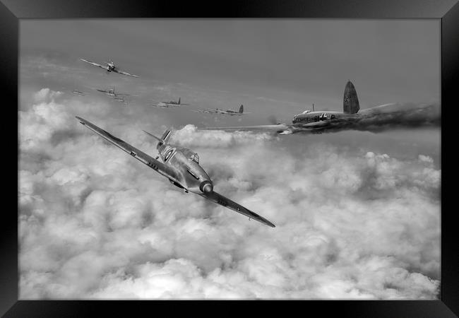 Hurricanes attacking Heinkel head-on B&W version Framed Print by Gary Eason