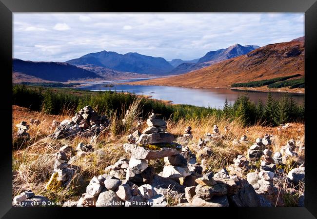 Loch Loyne Cairns 2 Framed Print by Derek Whitton