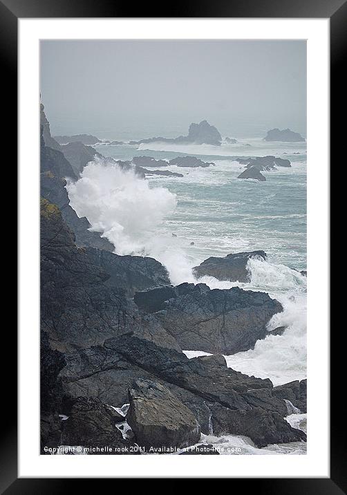 crashing waves on cornish coast Framed Mounted Print by michelle rook