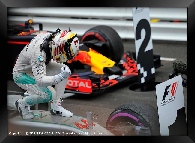 Lewis Hamilton Celebrating His Win - Monaco 2016   Framed Print by SEAN RAMSELL