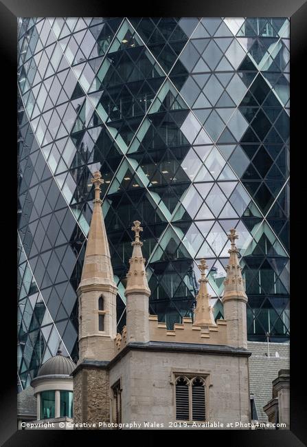 The Gherkin and St Andrews Church at Leadenhall Ci Framed Print by Creative Photography Wales