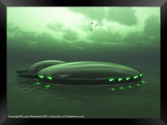 Green space ship settles on the ocean Framed Print by Laura Dawnsky