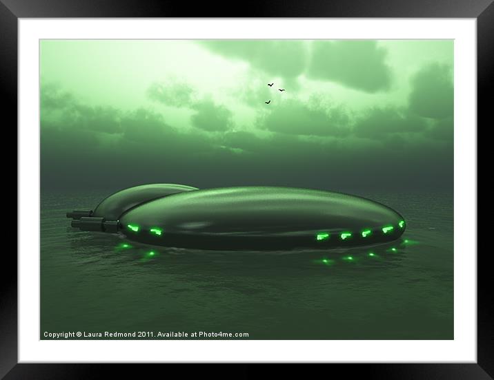 Green space ship settles on the ocean Framed Mounted Print by Laura Dawnsky