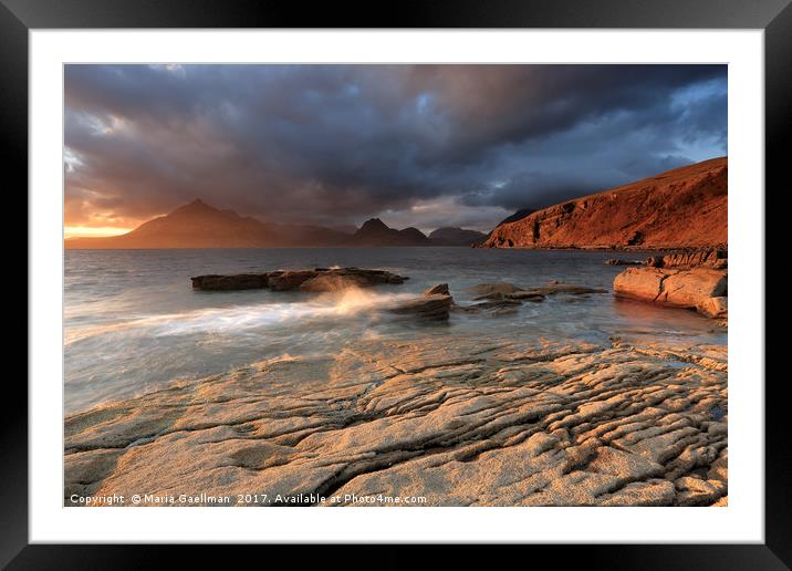 Splashing waves and the Cuillins at Sunset Framed Mounted Print by Maria Gaellman