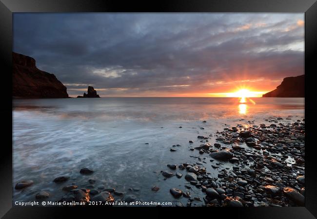 Talisker Bay and Spikes from the setting Sun Framed Print by Maria Gaellman