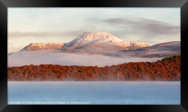 Autumn mist shrouded between Mountain and Loch Framed Print by Maria Gaellman