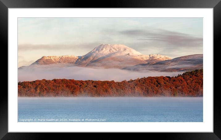 Autumn mist shrouded between Mountain and Loch Framed Mounted Print by Maria Gaellman