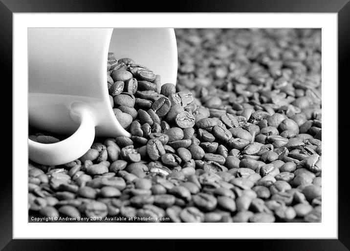 Black and White Coffee Beans in a White Mug Framed Mounted Print by Andrew Berry