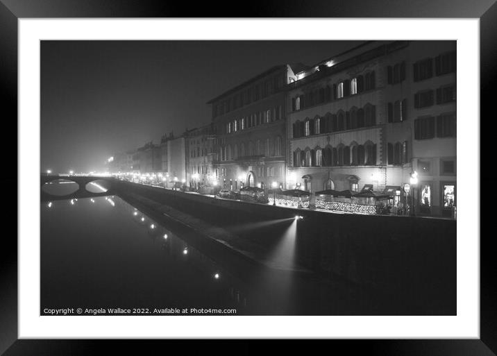 Florence and the river Arno night time black and white Framed Mounted Print by Angela Wallace