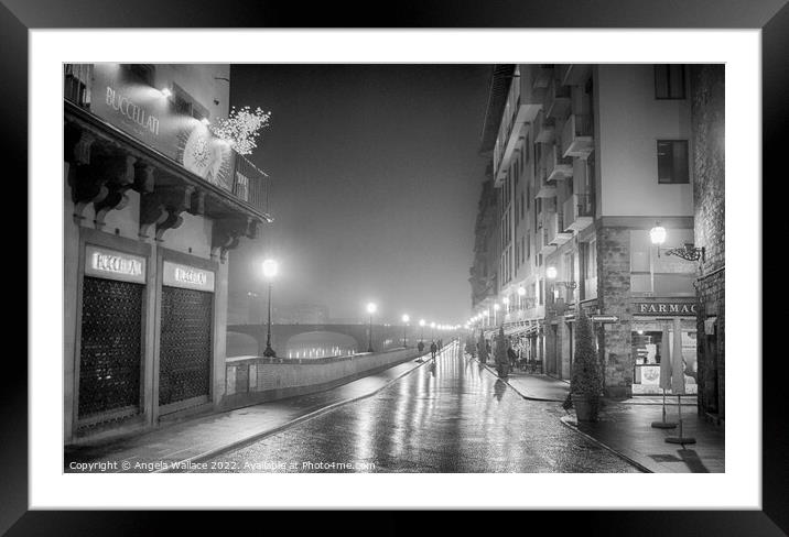 A wet night in Florence black and white  Framed Mounted Print by Angela Wallace