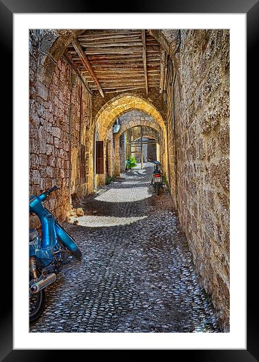 Cobbled Rhodes Framed Mounted Print by Angela Wallace
