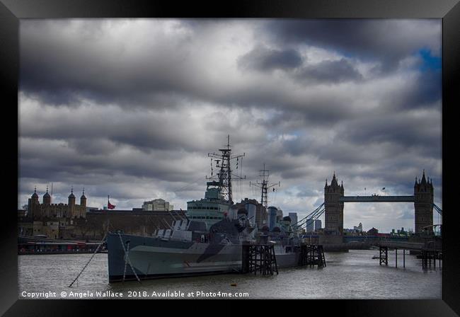 HMS Belfast with Tower bridge and The Tower of Lon Framed Print by Angela Wallace