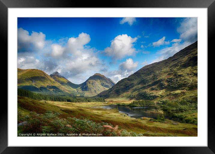 Mountain views at Glen Etive Framed Mounted Print by Angela Wallace