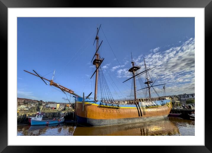 Replica of Cook's Historic Endeavour at Whitby Framed Mounted Print by Derek Beattie