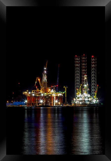 Oil Rig At Night Scotland Framed Print by Derek Beattie