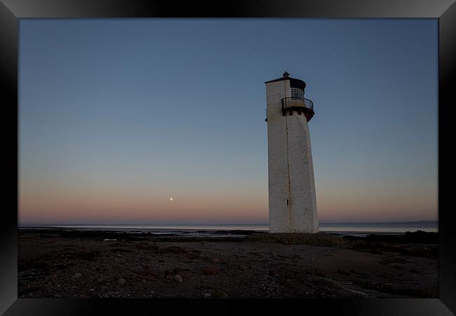 Southerness Lighthouse Moonrise at Sunset Framed Print by Derek Beattie