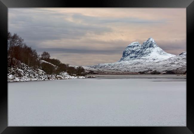 Suilven and a Frozen Cam Loch Framed Print by Derek Beattie