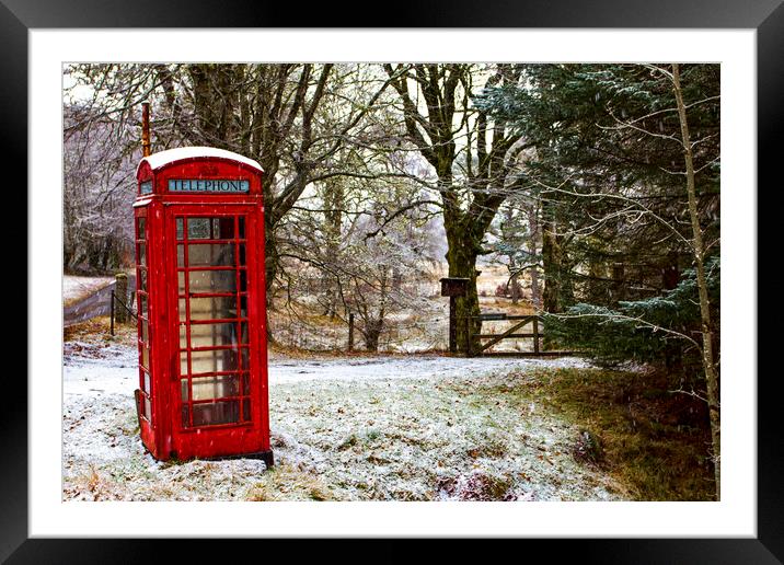 Old Red Phone Box in the Snow Framed Mounted Print by Derek Beattie
