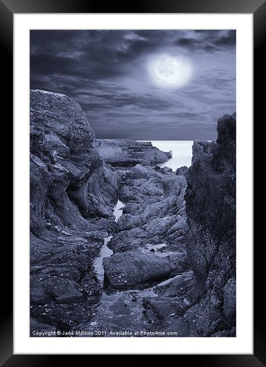 Moonlight over Rugged Seaside Rocks Framed Mounted Print by Jane McIlroy
