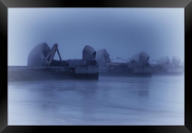 Misty Morning over Thames Barrier Framed Print by Dean Messenger