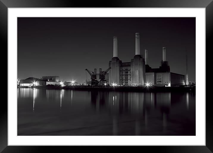 Battersea at night black and white Framed Mounted Print by Dean Messenger
