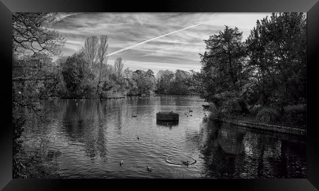 Kelsey Park Lake Black and White Framed Print by Dean Messenger