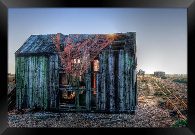 fishing shack at sunrise Framed Print by Dean Messenger