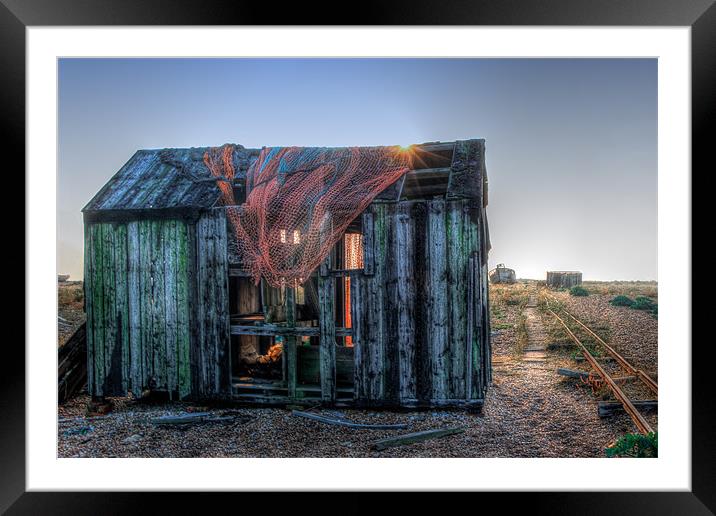 fishing shack at sunrise Framed Mounted Print by Dean Messenger