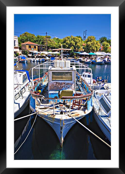 greek fishing boat for sale Framed Mounted Print by meirion matthias