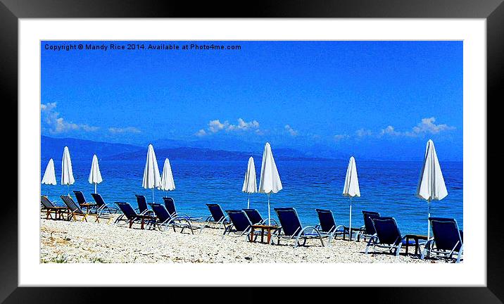 Beach chairs and parasols Framed Mounted Print by Mandy Rice