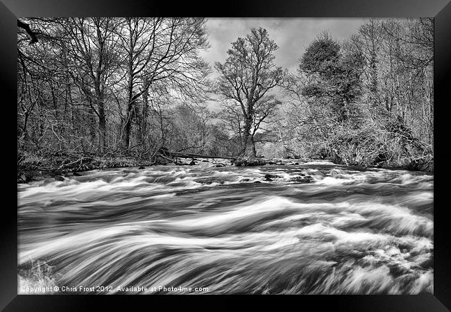 Raging River Wharf BW Framed Print by Chris Frost