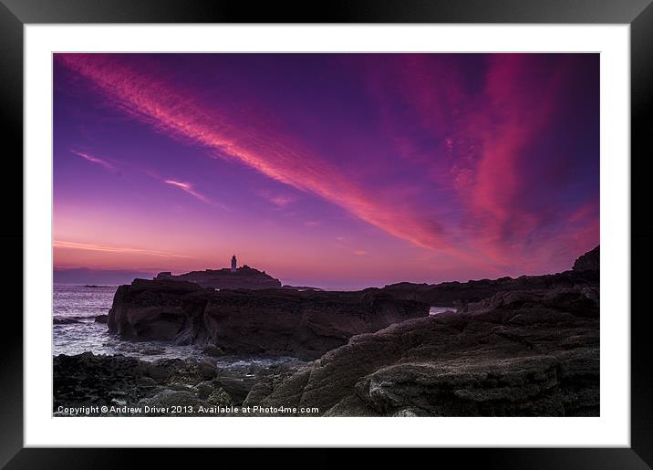 Godrevy lighthouse at sunset Framed Mounted Print by Andrew Driver