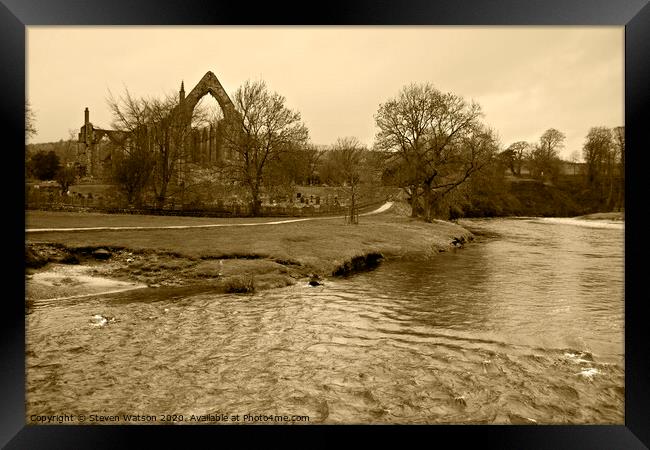 The River Wharfe and Bolton Priory (Monochrome) Framed Print by Steven Watson