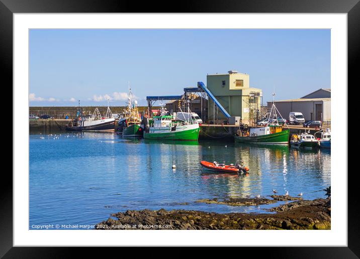 Trawlers at the quayside at Ardglass Harbour Northern Ireland Framed Mounted Print by Michael Harper