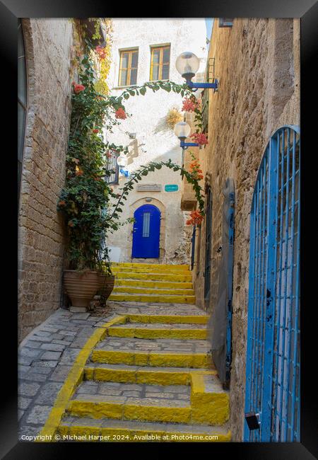 A colourful narrow street and steps in Jaffa Israel Framed Print by Michael Harper