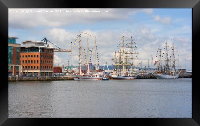 Tall Ships berthed at Belfast Harbour in Northern  Framed Print by Michael Harper