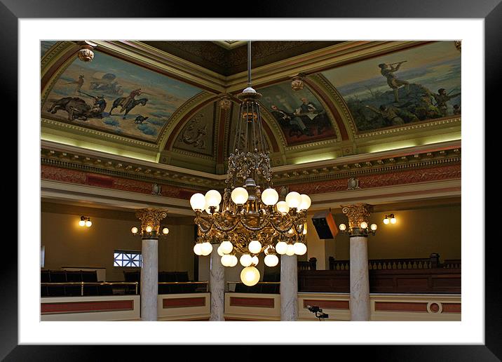 Chandelier in the Montana Capital Framed Mounted Print by Larry Stolle